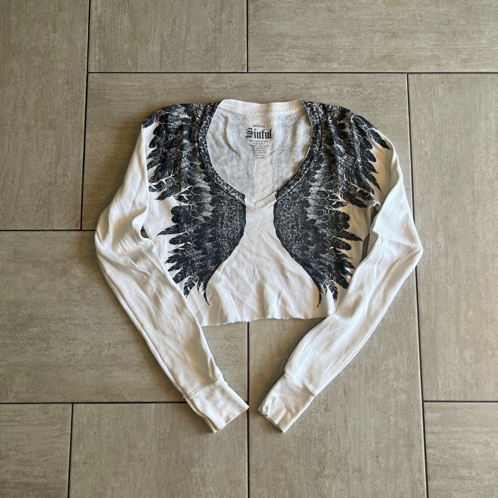 Sinful by Affliction White Thermal Angel Wing Graphic Crop Long Sleeve Top